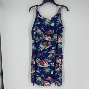 Christmas Hawaiian Dress Womens Medium Blue Santa Holiday Tropical Sleeveless
